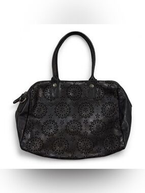 Black bowler speedy genuine leather handbag with perforated floral pattern